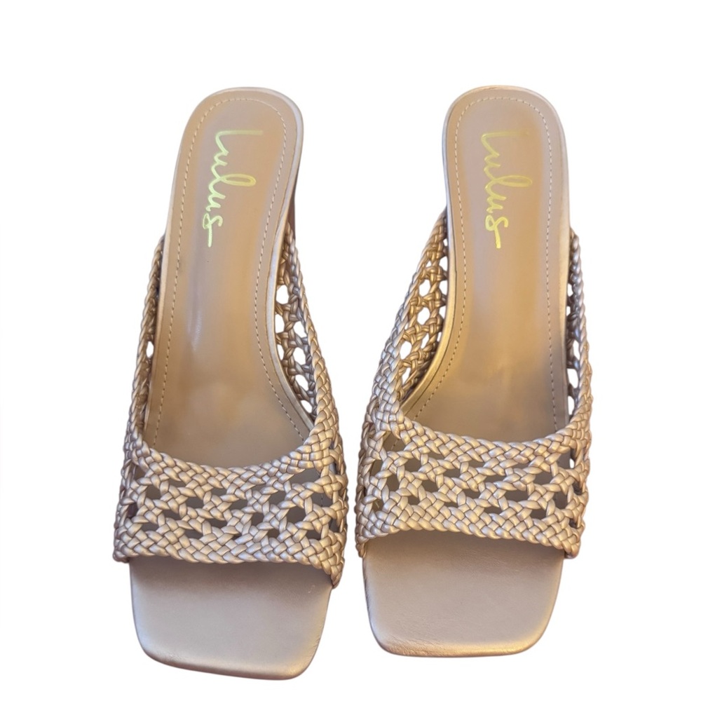 Lulus Woven Block Heel Sandals – Beige Neutral, Worn Once